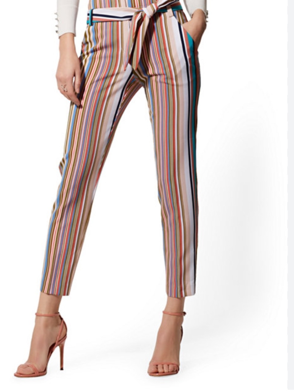 Striped High-Waist Tie Belt Pants - Multicolor Stripes